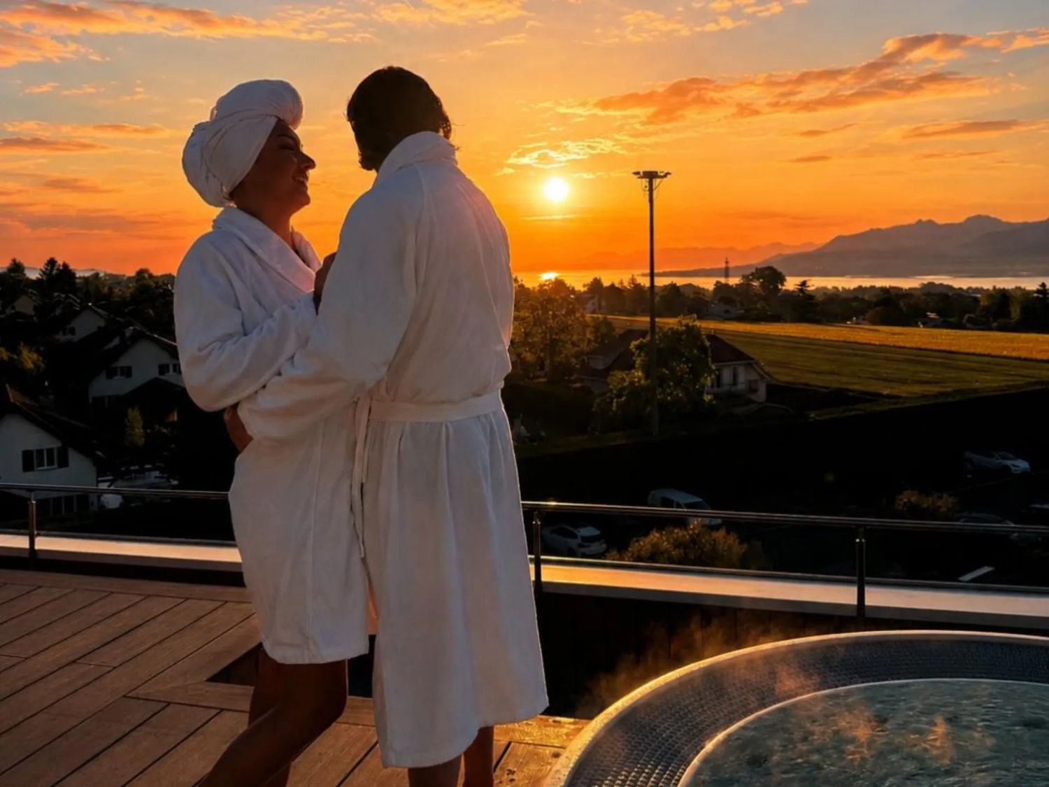 Un couple en peignoir sur le toit, au coucher du soleil