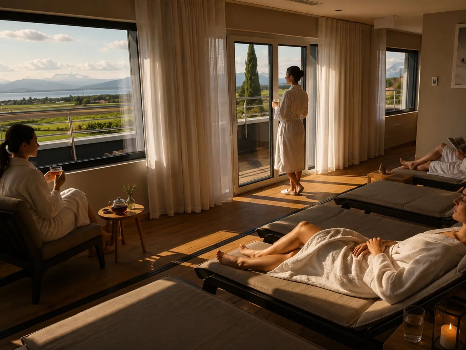 La salle de repos et ses transats face au lac
